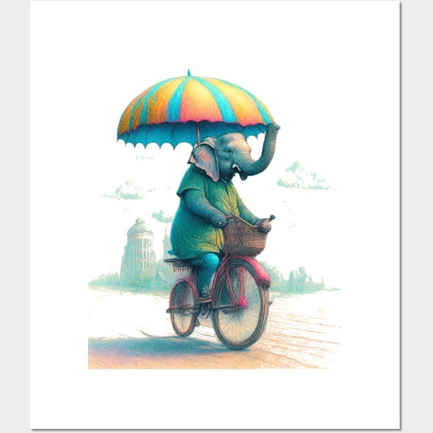 An elephant on a bicycle, holding an umbrella. Wall Art by DesignersPrints2023